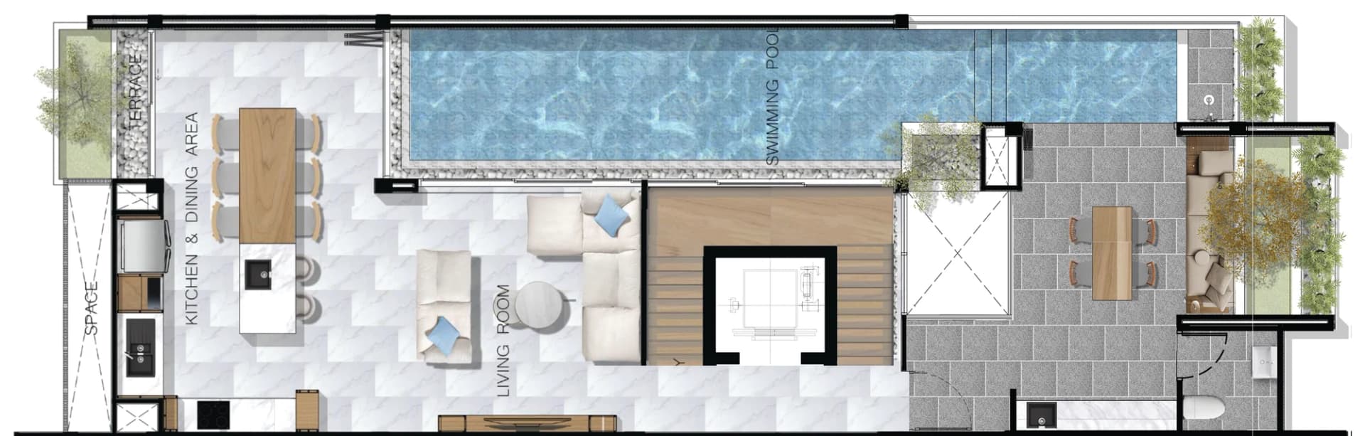 Grundriss 1. Obergeschoss: zweigeschossiges Wohnzimmer, Küche und Essbereich, der Pool von 31,5 m² und die Poolterrasse, 134,16 m²