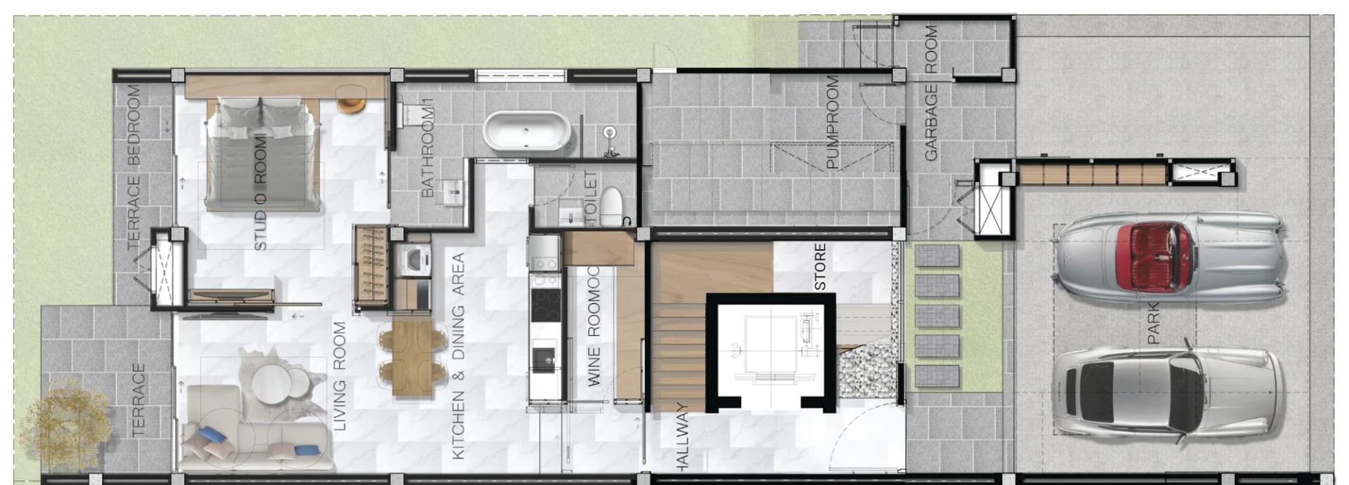 Ground floor plan: studio suite, living-kitchen, wine room, laundry, lift and parking for two cars, 178.09 m²